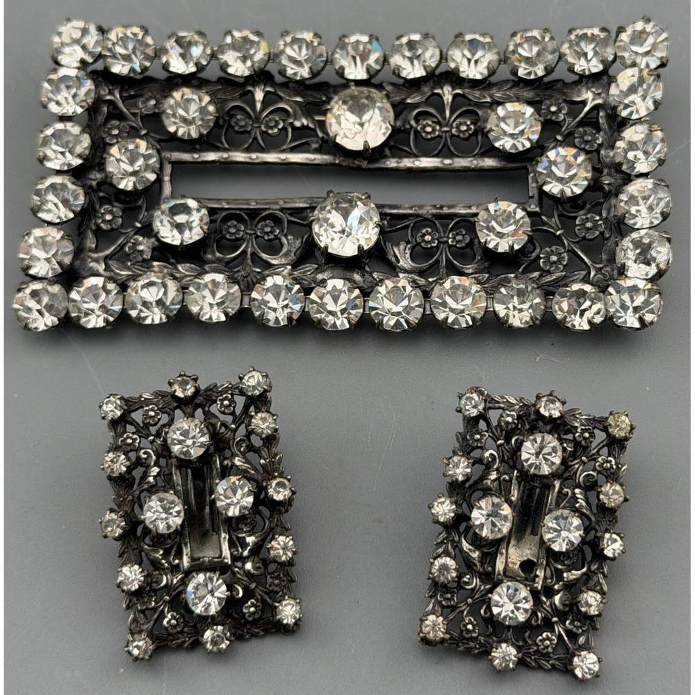 Vintage Joseff of Hollywood Brooch Earrings Rhinestones Demi Parure Silver Tone